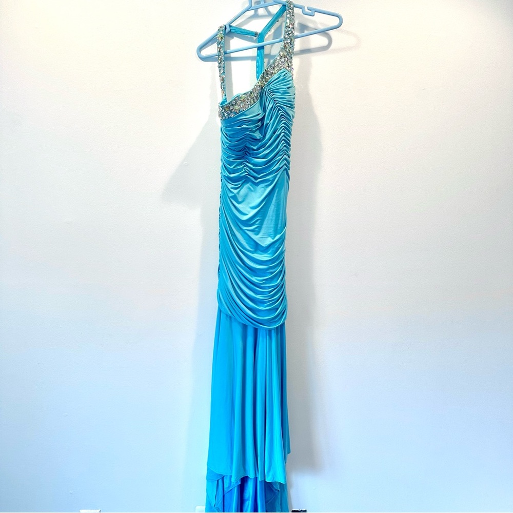 Aqua Blue Ruched Jeweled Asymmetrical Evening Prom Gown with Train, Size 4